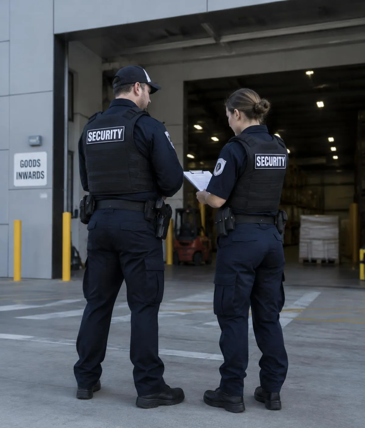 Two security officers reviewing paperwork at the loading dock of a warehouse